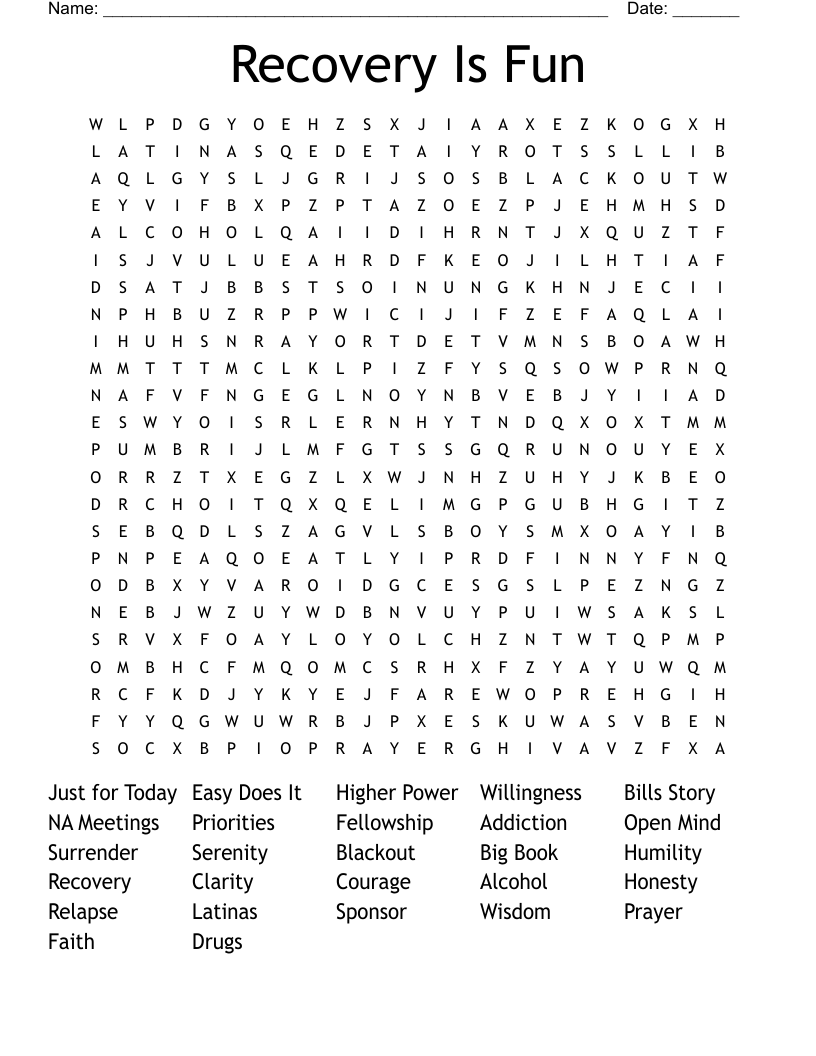 Word Search Recovery Based Printable