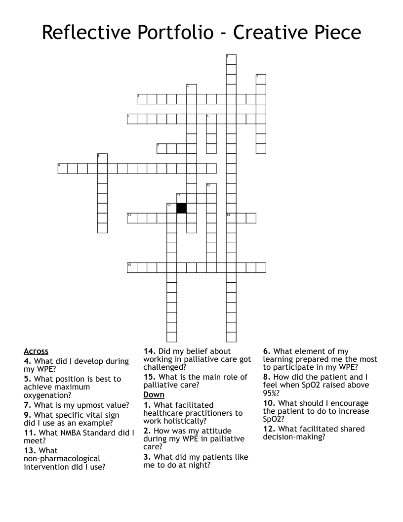 Reflective Portfolio Creative Piece Crossword WordMint