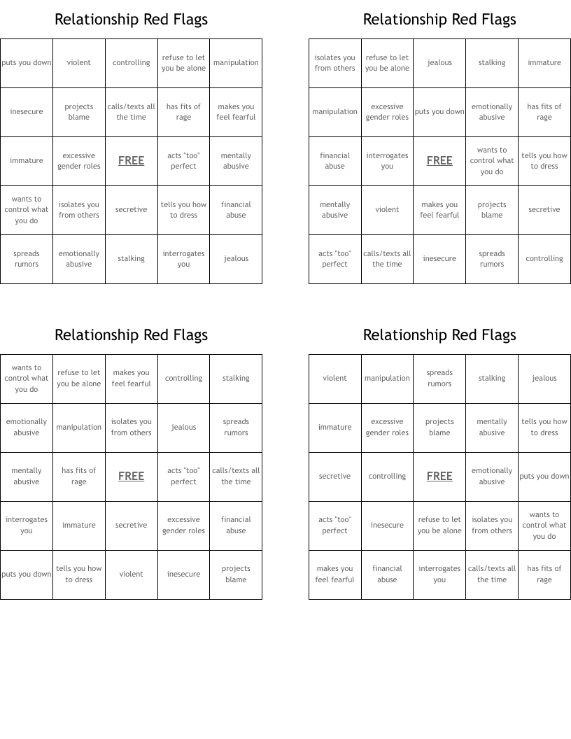Relationship Red Flags Bingo Cards WordMint