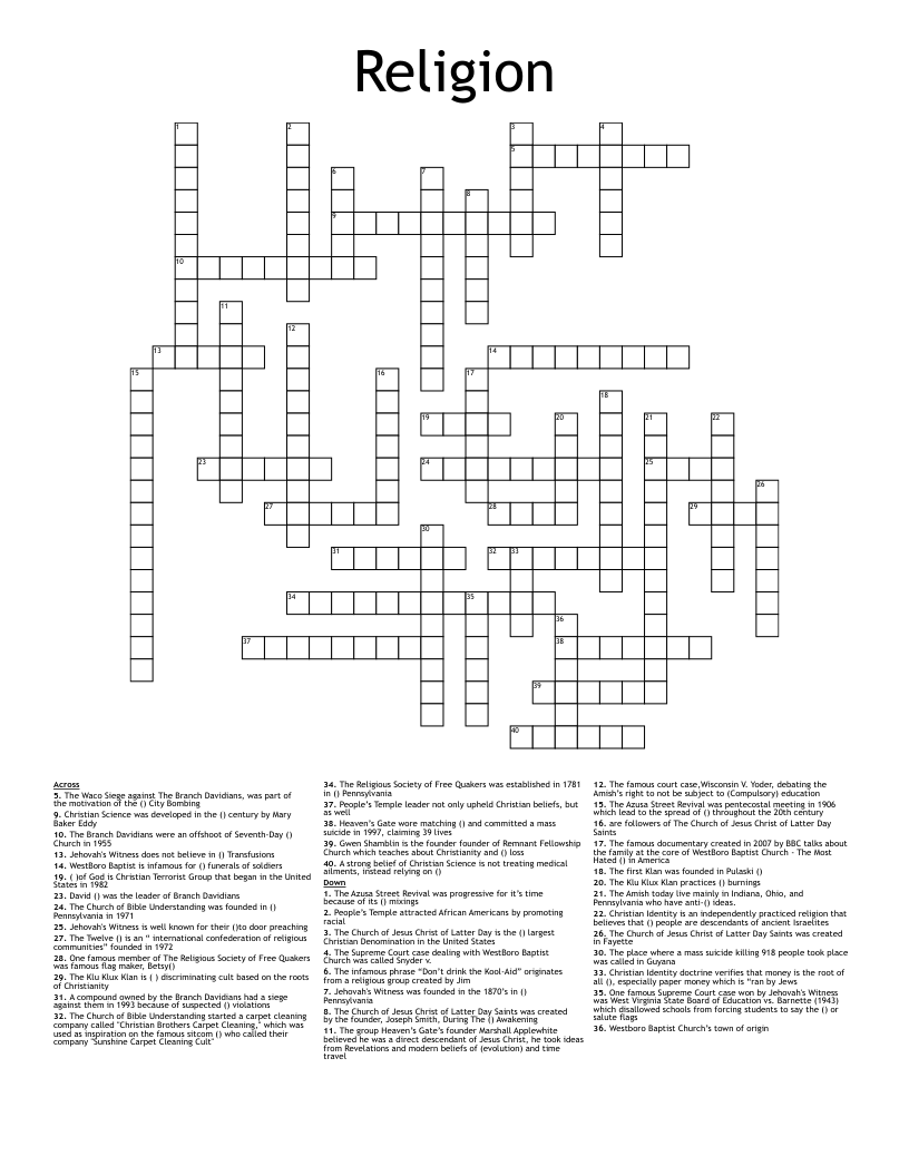Religion Crossword WordMint