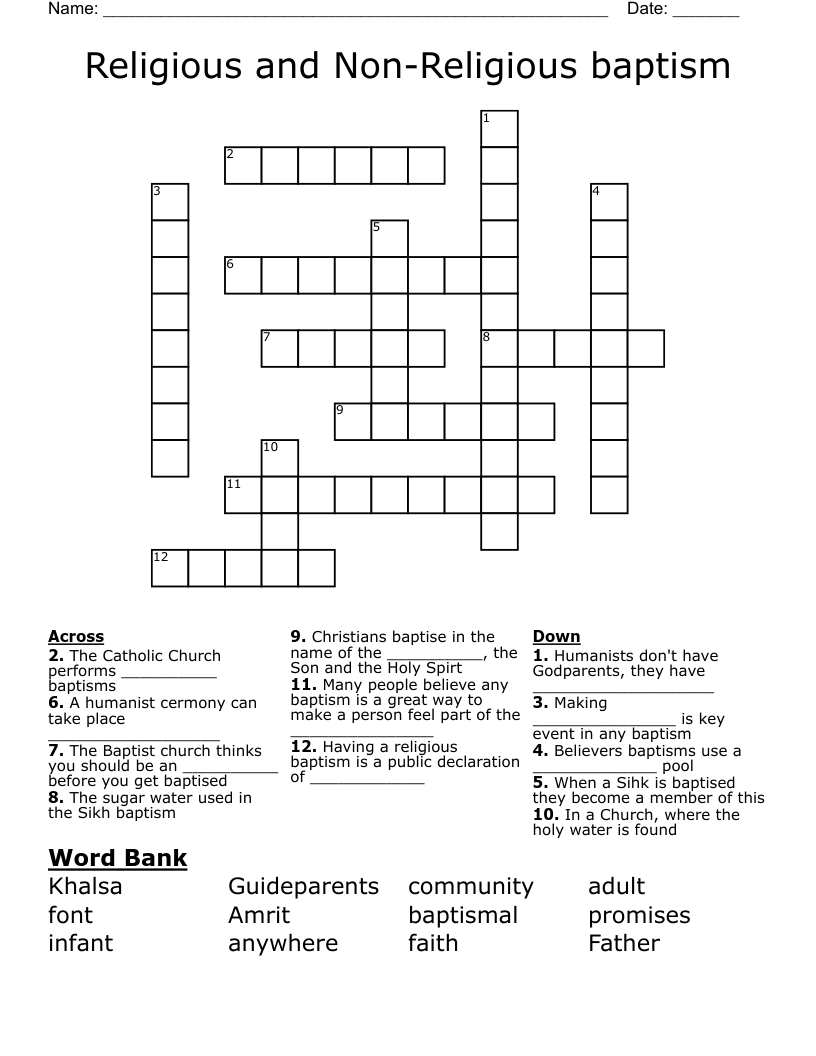 Religious and NonReligious baptism Crossword WordMint
