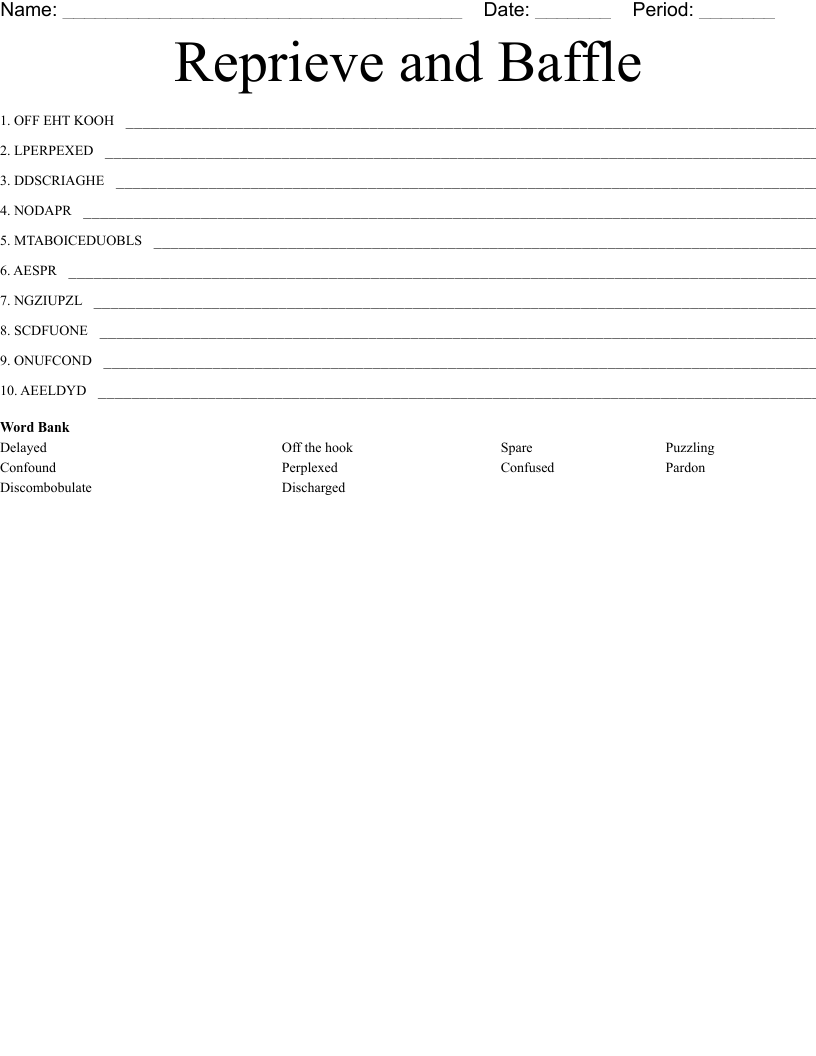 Reprieve and Baffle Word Scramble WordMint