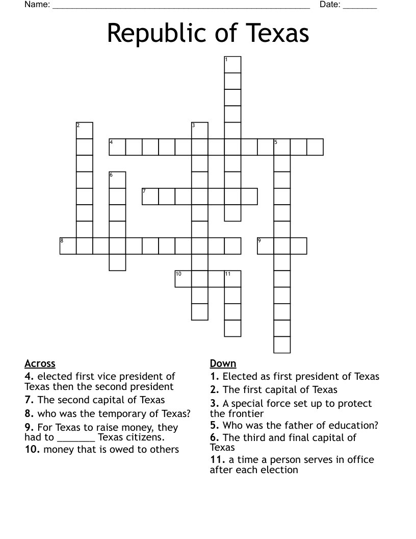 Republic of Texas Crossword WordMint