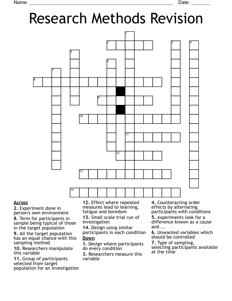 Research Methods Revision Crossword WordMint