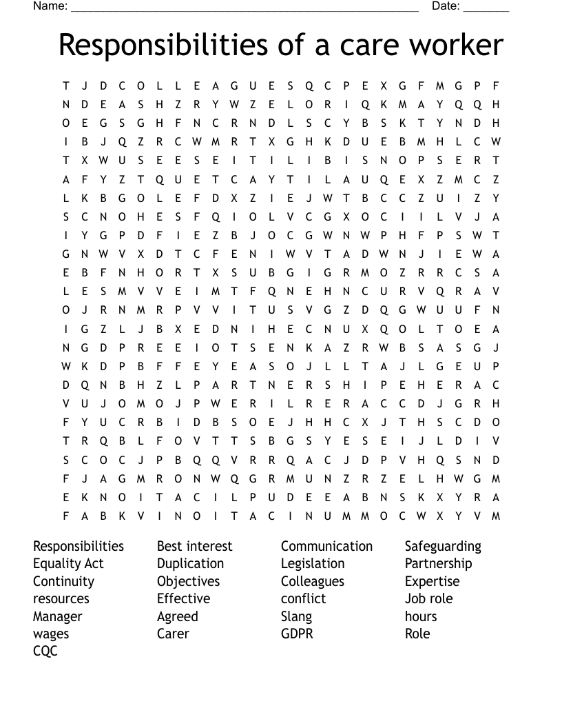 Responsibilities of a care worker Word Search WordMint