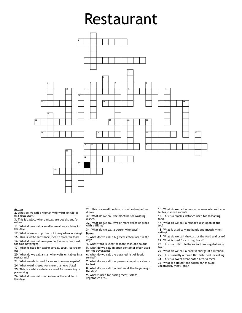 Restaurant Crossword WordMint