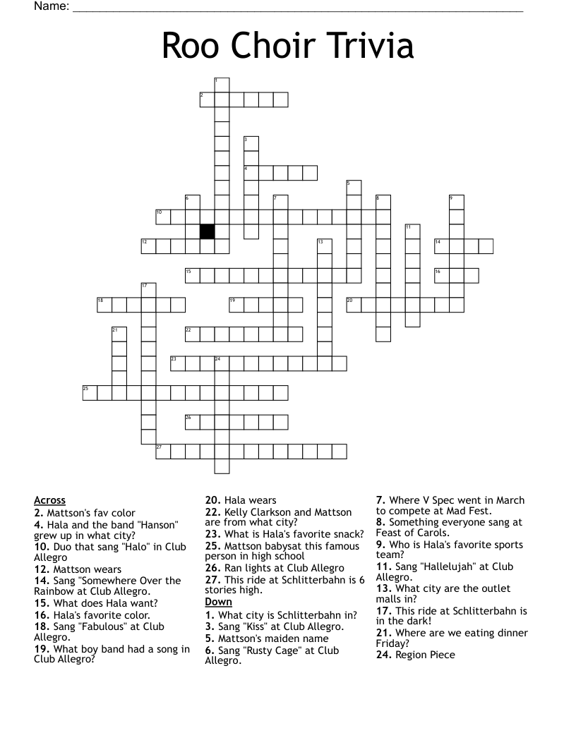 Roo Choir Trivia Crossword WordMint
