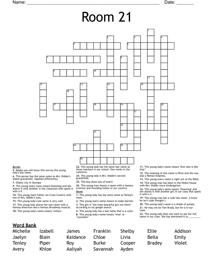 Room 21 Crossword WordMint