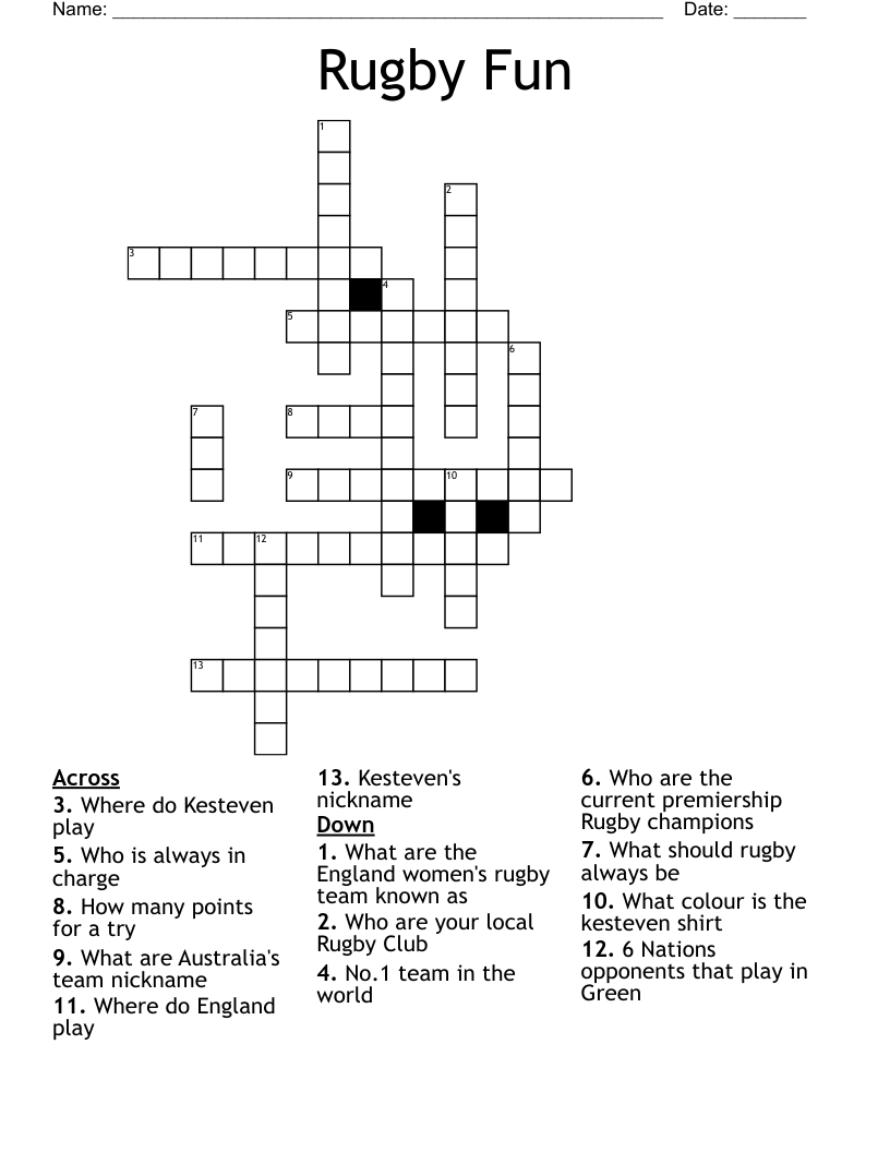 Rugby Fun Crossword WordMint