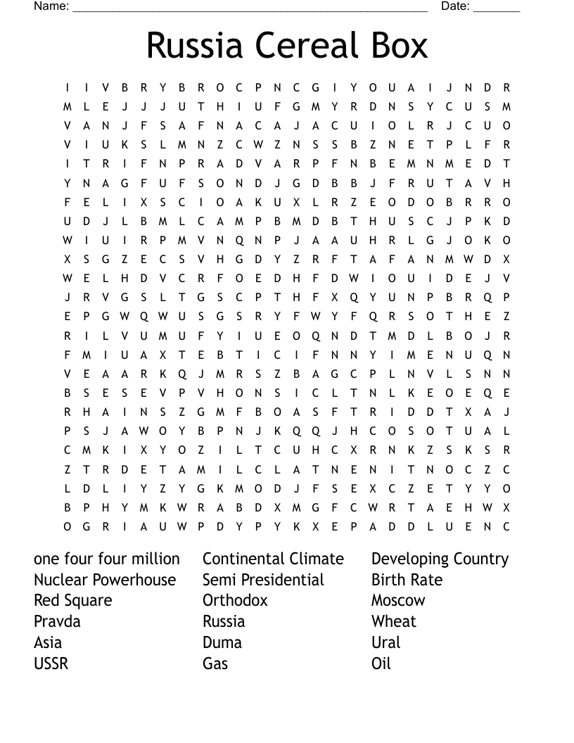 Russia Cereal Box Word Search WordMint