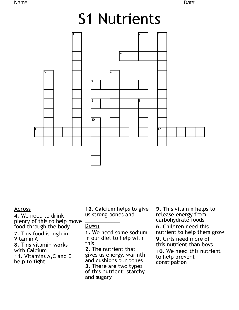 S1 Nutrients Crossword WordMint