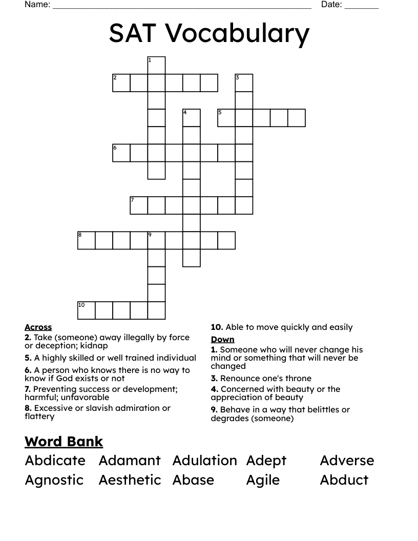 SAT Vocabulary Crossword WordMint