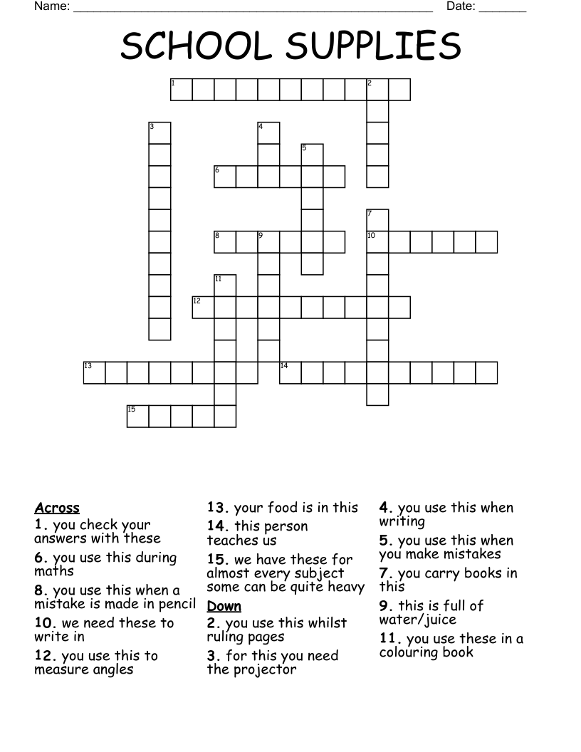 SCHOOL SUPPLIES Crossword WordMint