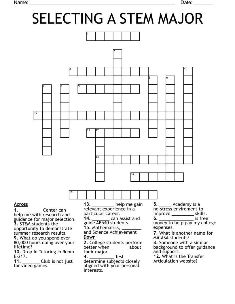 SELECTING A STEM MAJOR Crossword WordMint