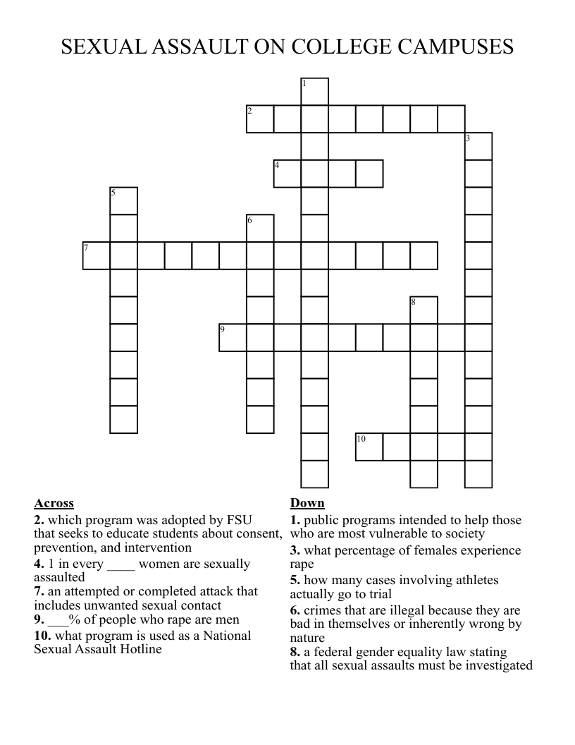 SEXUAL ASSAULT ON COLLEGE CAMPUSES Crossword WordMint