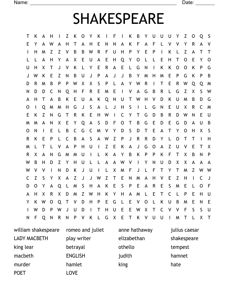 William Shakespeare Word Search WordMint