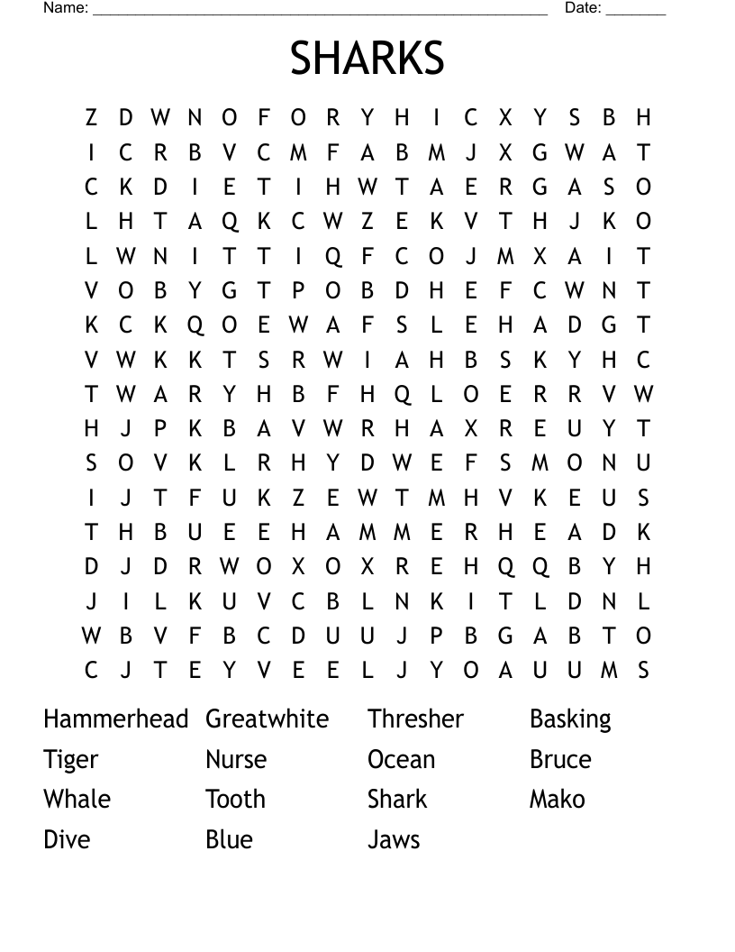 SHARKS Word Search WordMint