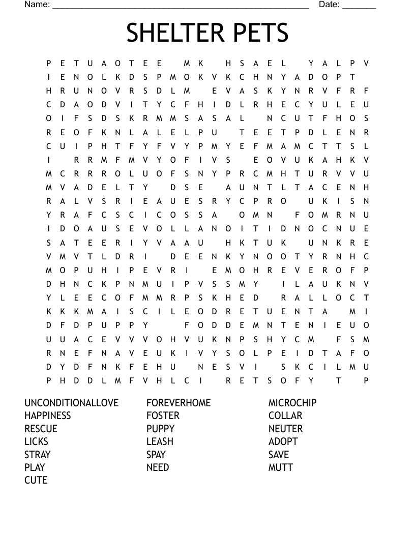 SHELTER PETS Word Search WordMint