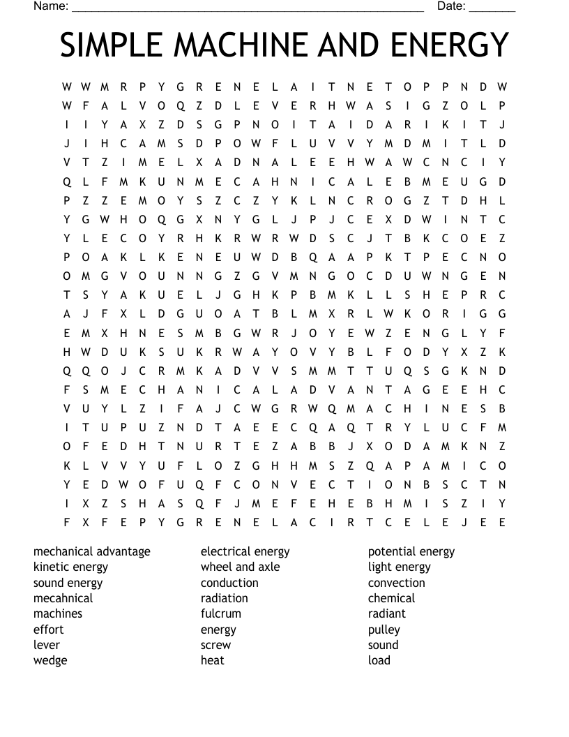 Work and simple machines Word Search WordMint