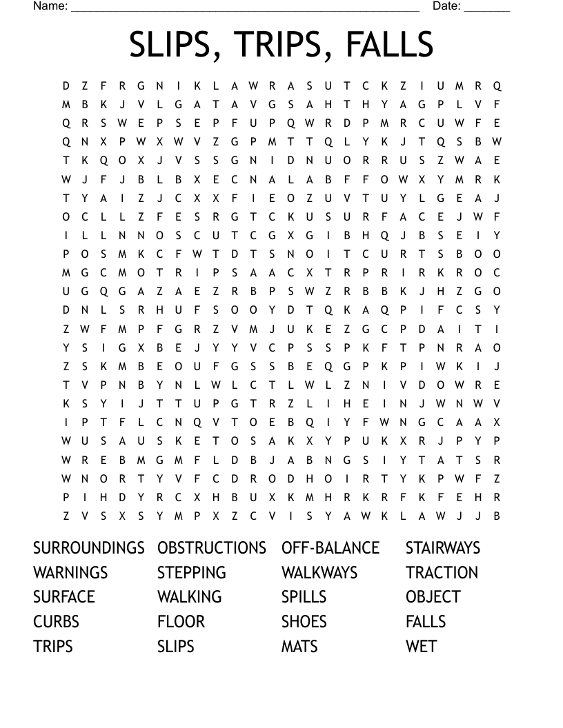 SLIPS, TRIPS, FALLS Word Search WordMint