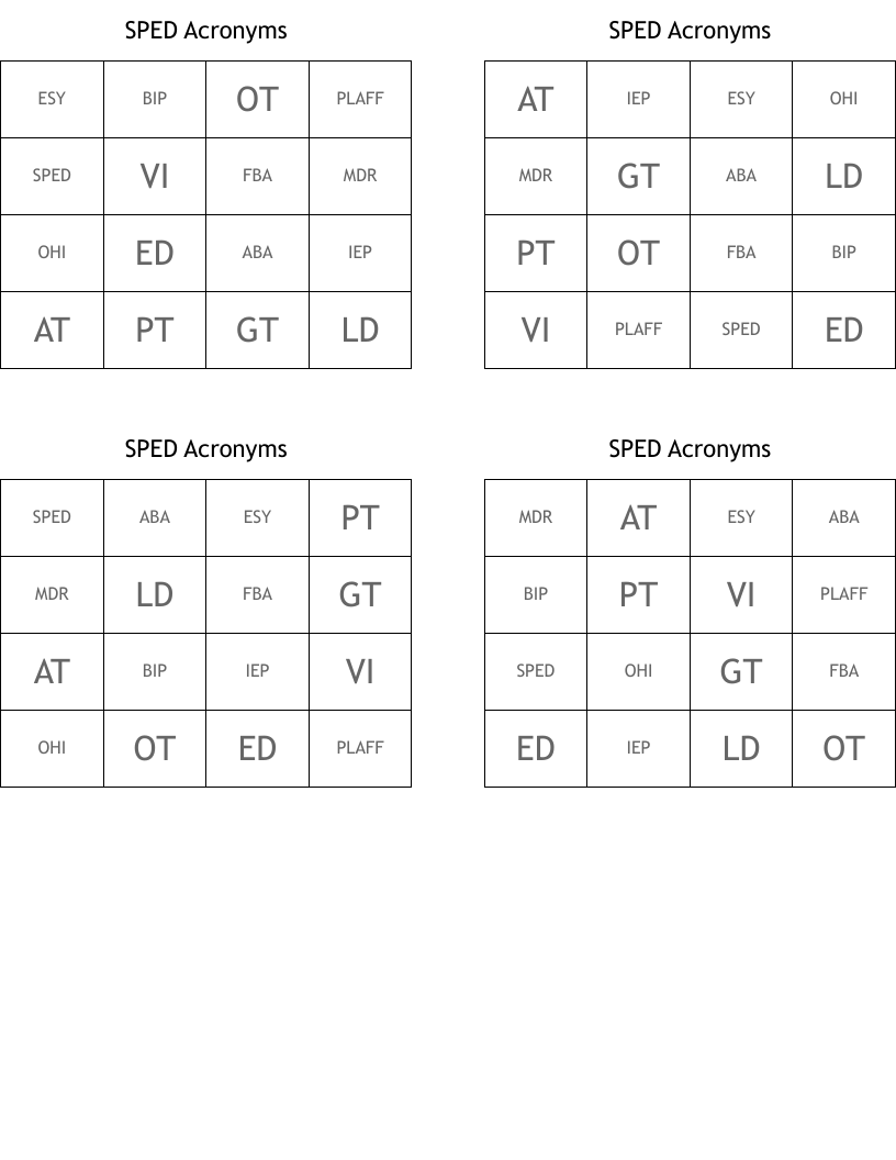 SPED Acronyms Bingo Cards WordMint