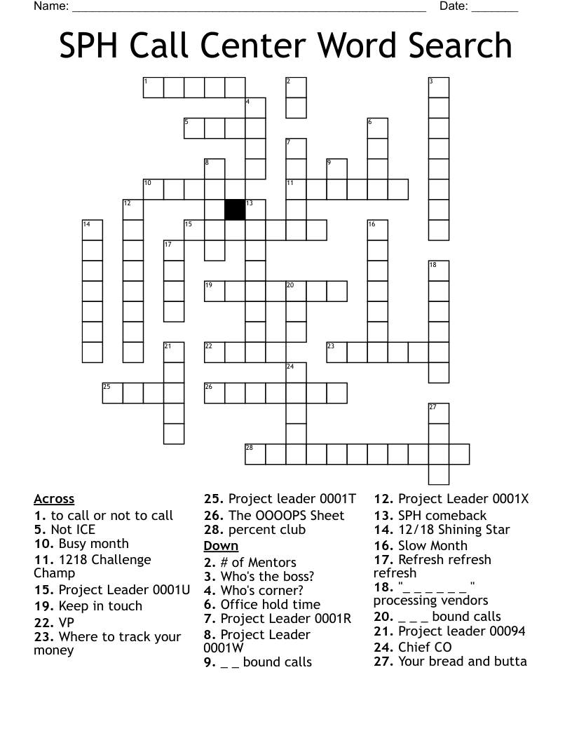 SPH Call Center Word Search Crossword WordMint