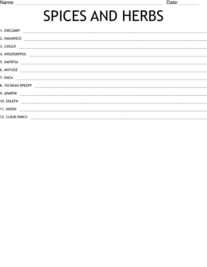 SPICES AND HERBS Word Scramble WordMint