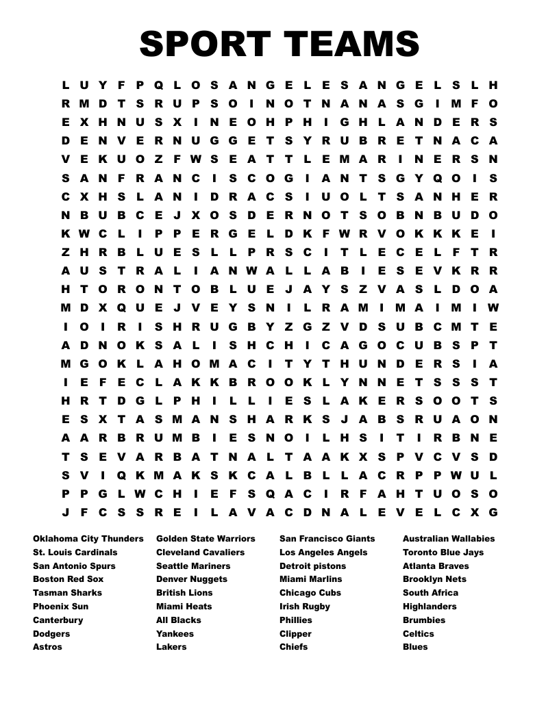 BASEBALL TEAMS Crossword WordMint