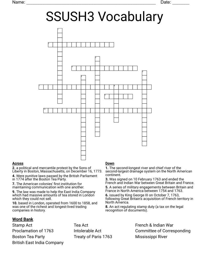 SSUSH3 Vocabulary Crossword WordMint