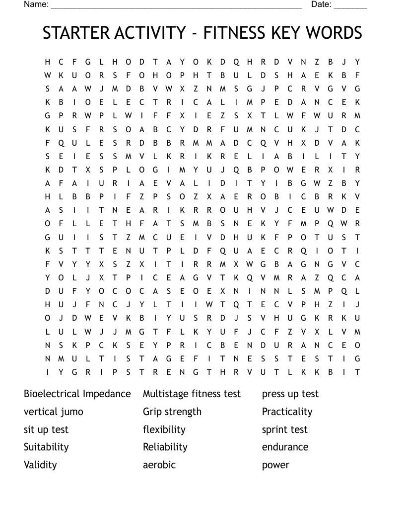 STARTER ACTIVITY FITNESS KEY WORDS Word Search WordMint