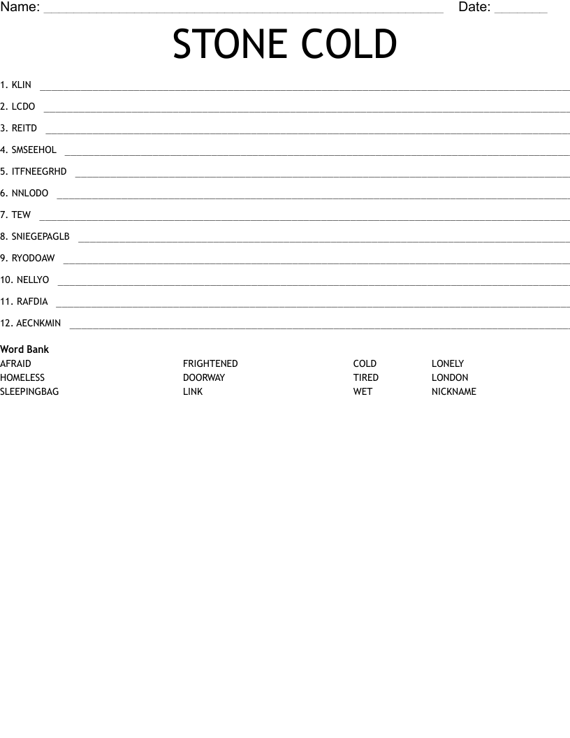 STONE COLD Word Scramble WordMint