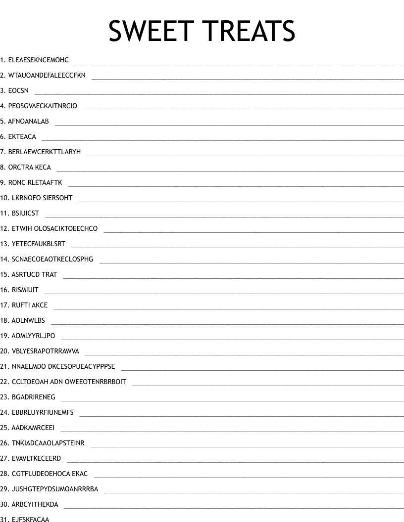 SWEET TREATS Word Scramble WordMint
