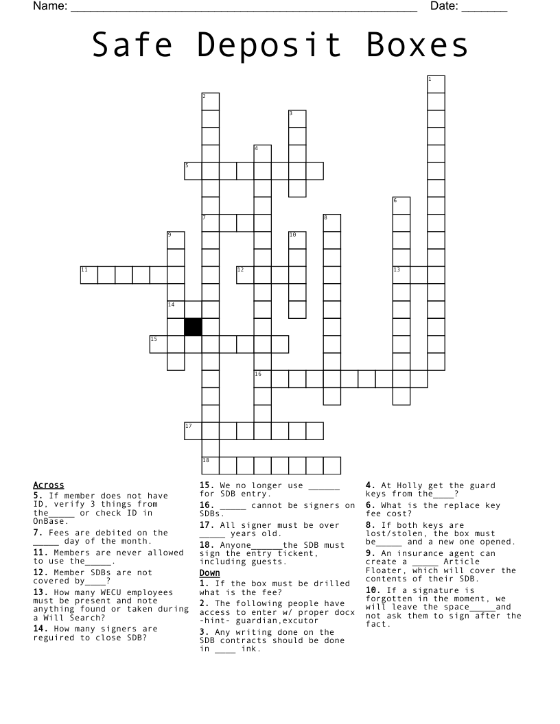 Safe Deposit Boxes Crossword WordMint