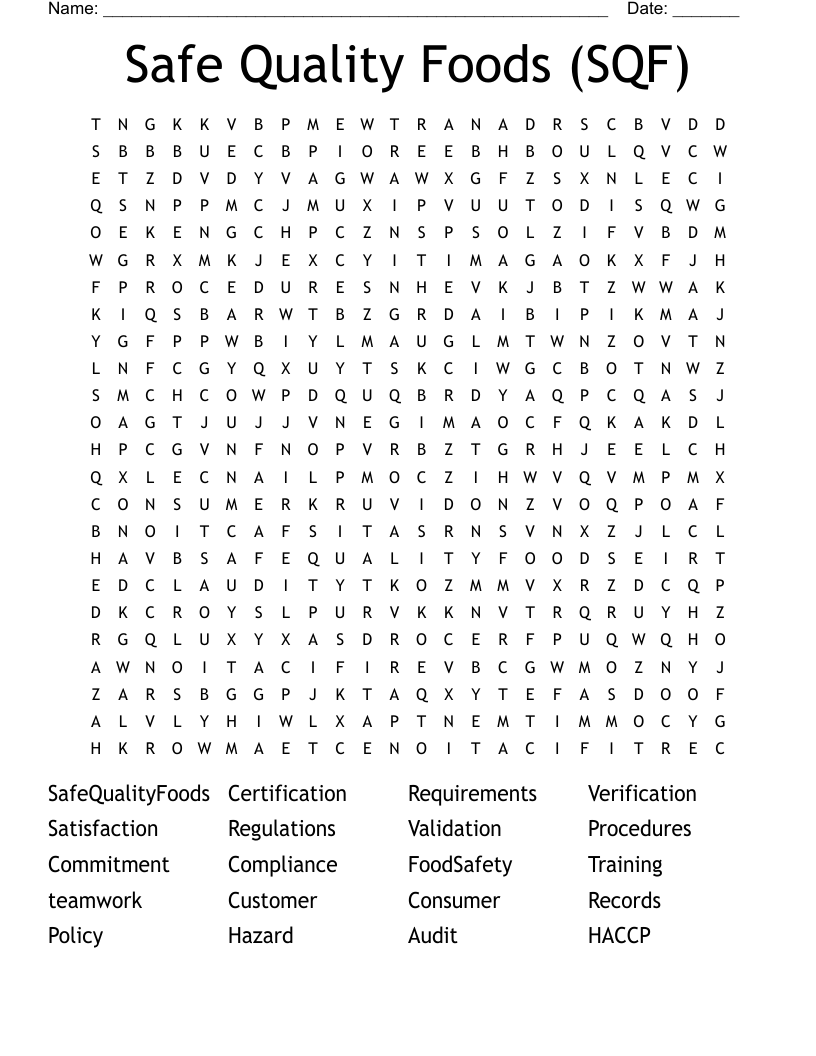 Safe Quality Foods (SQF) Word Search WordMint