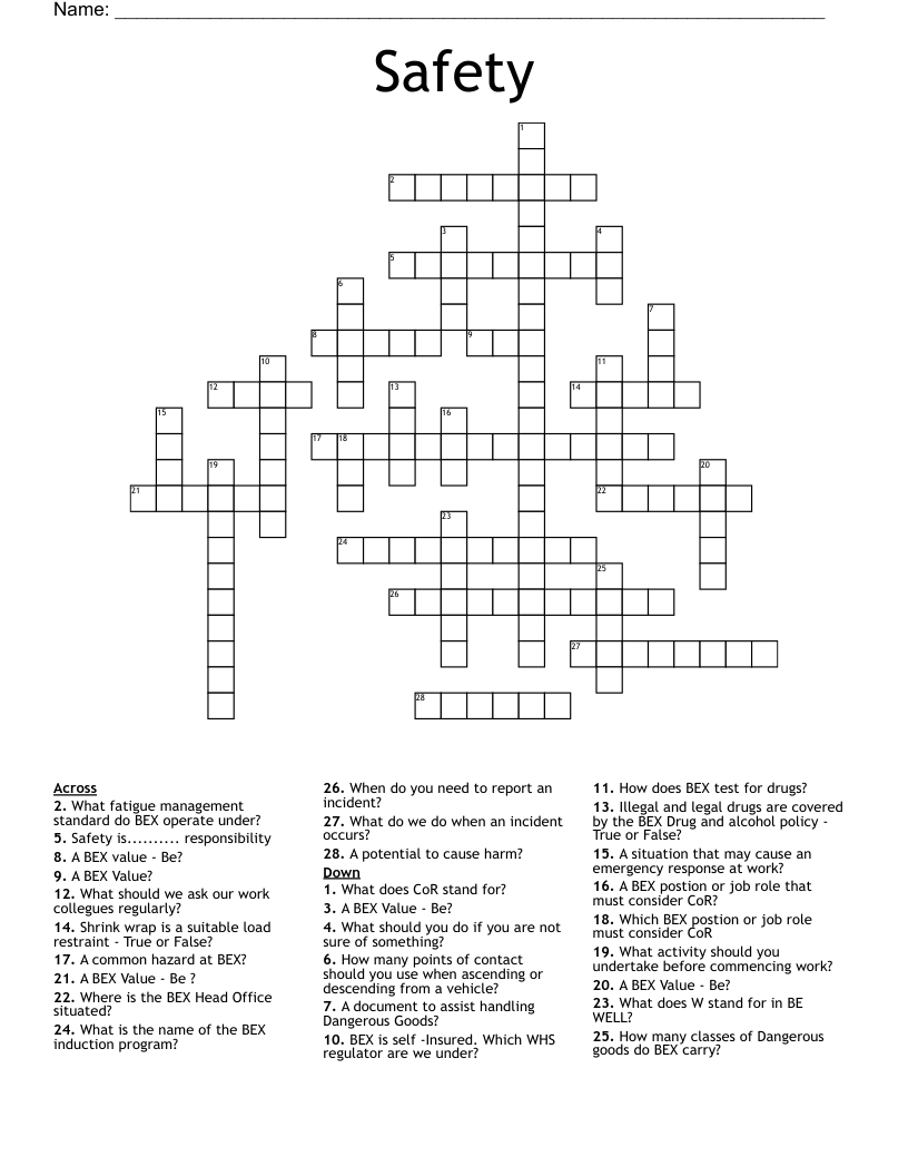 Border Express Queensland Safety Day 2019 Crossword Puzzle WordMint