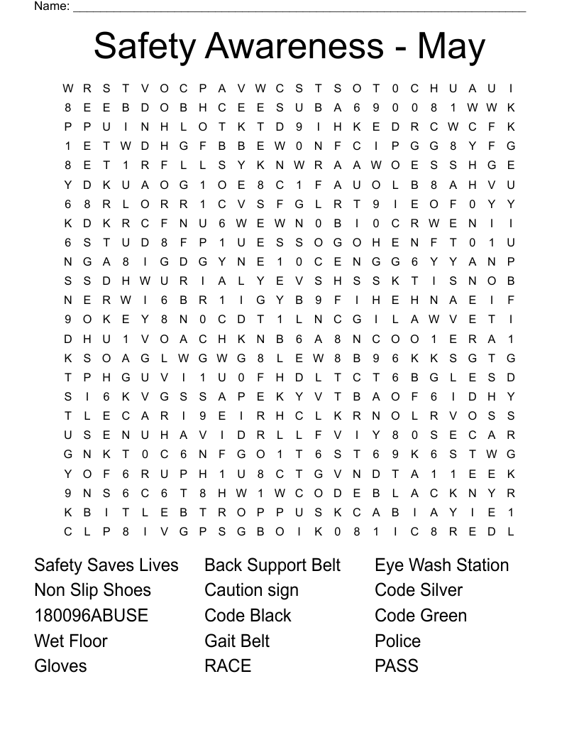 Safety Awareness May Word Search WordMint