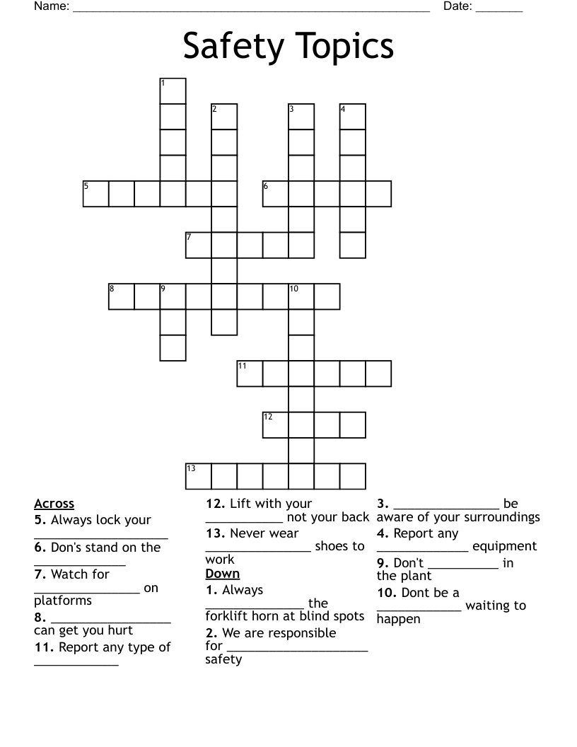 Safety Topics Crossword WordMint