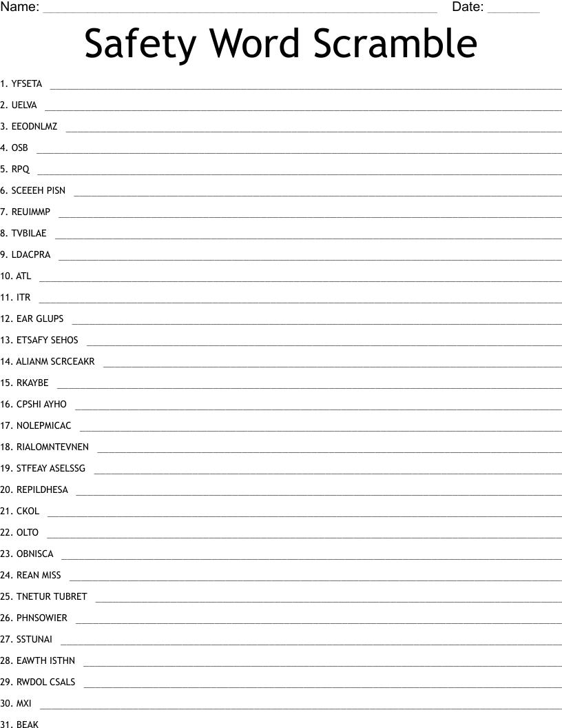 Safety Word Scramble WordMint