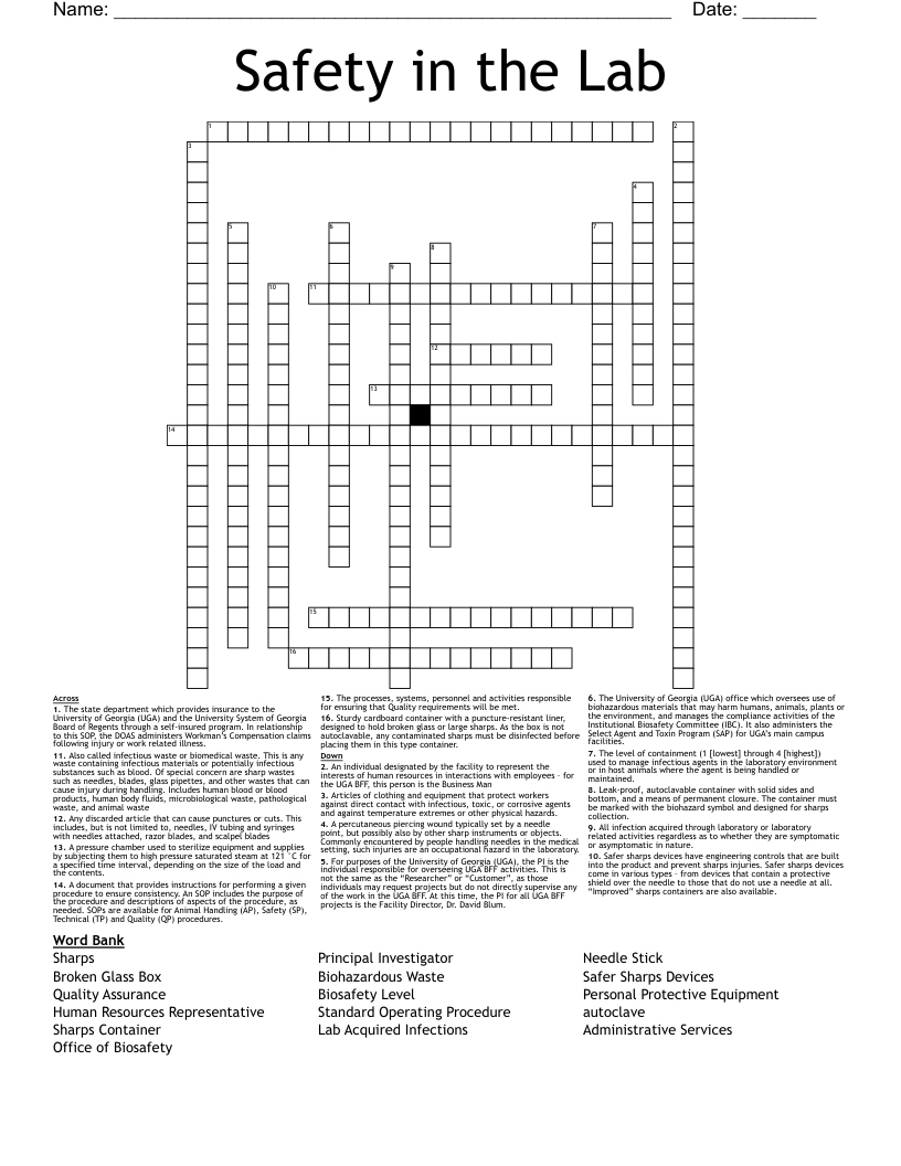 Safety in the Lab Crossword WordMint