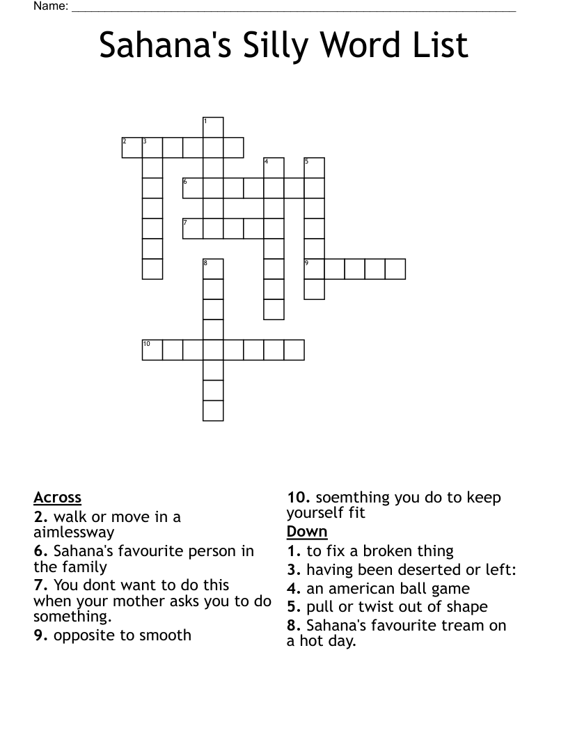 Sahana's Silly Word List Crossword WordMint
