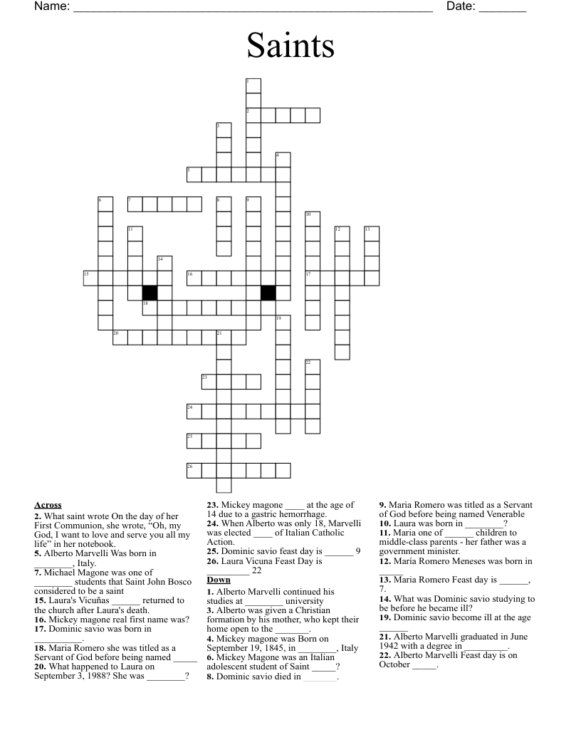 Saints Crossword WordMint