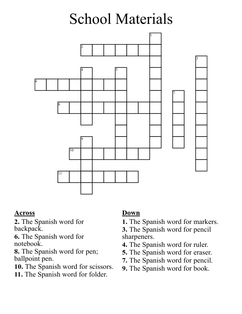 School Materials Crossword WordMint