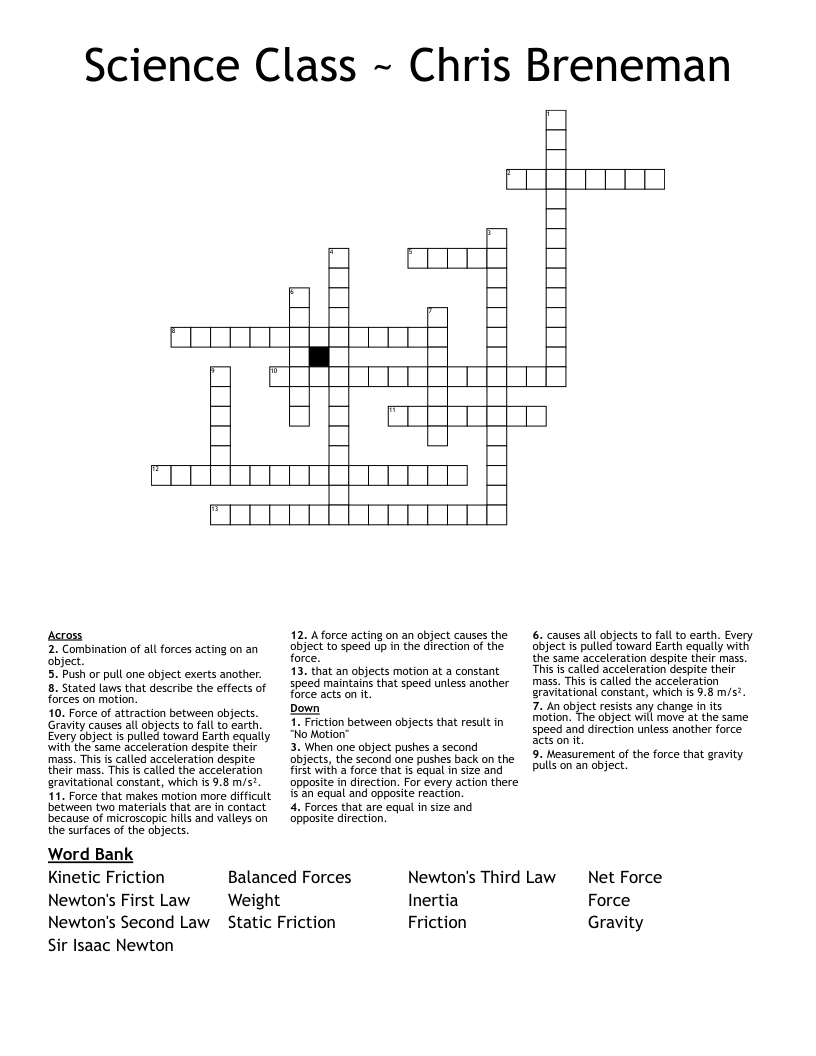 Newton's Laws Crossword WordMint