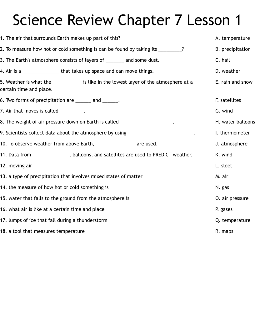 Science Review Chapter 7 Lesson 1 Worksheet WordMint