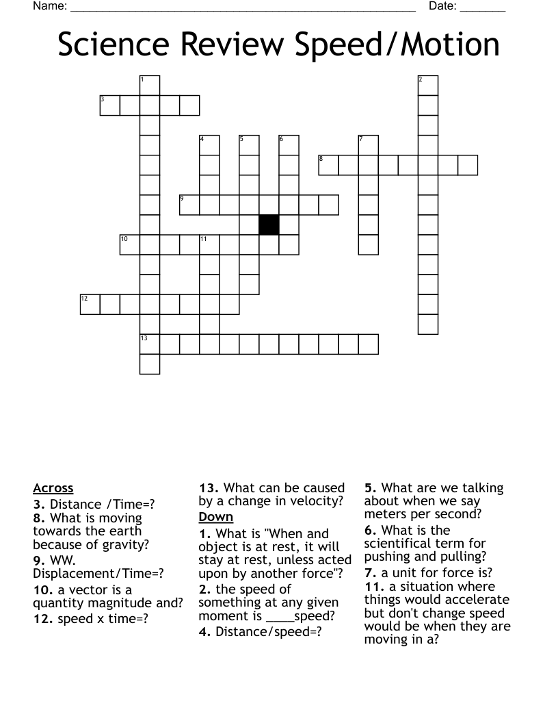 Science Review Speed/Motion Crossword WordMint
