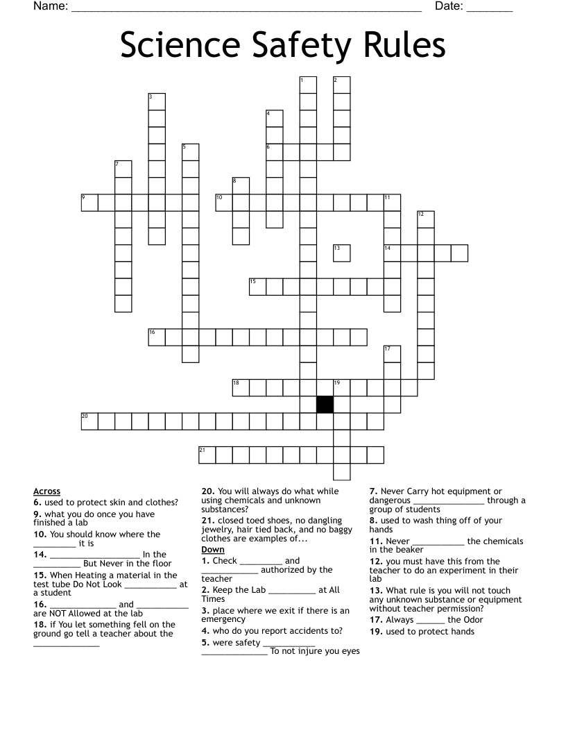 Science Safety Rules Crossword WordMint