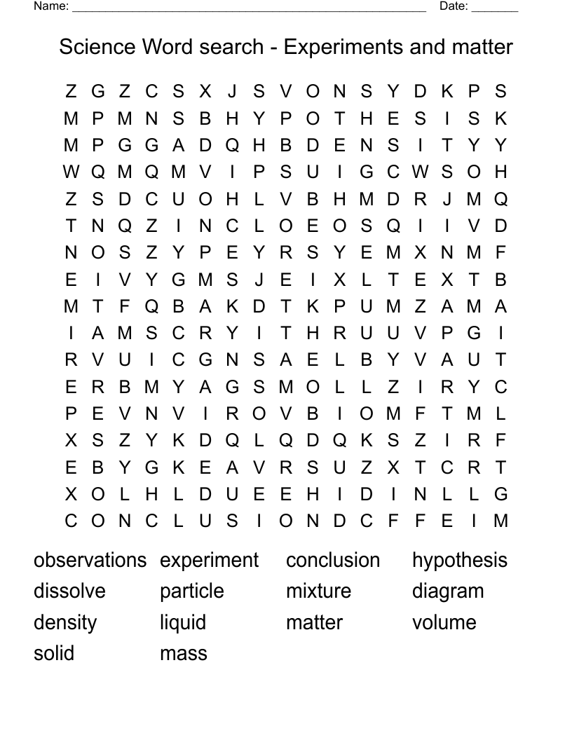 Science Word search - Experiments and matter - WordMint