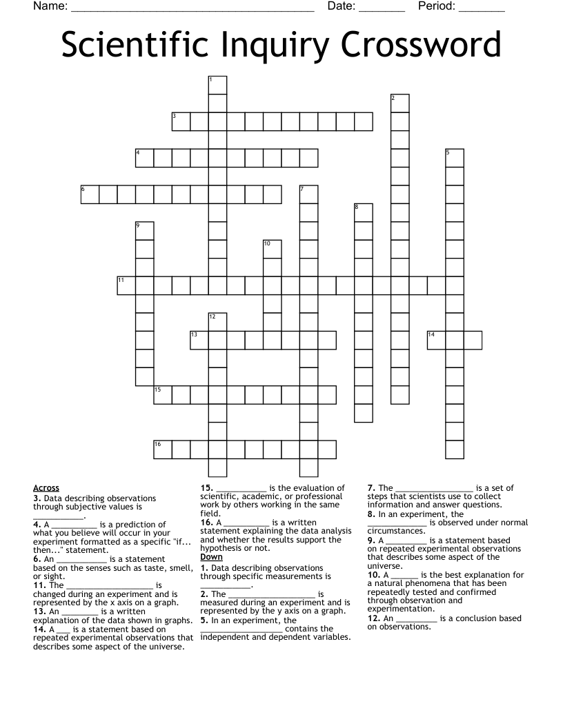 The Scientific Method Crossword Puzzle Template With Answer Key Download Printable PDF