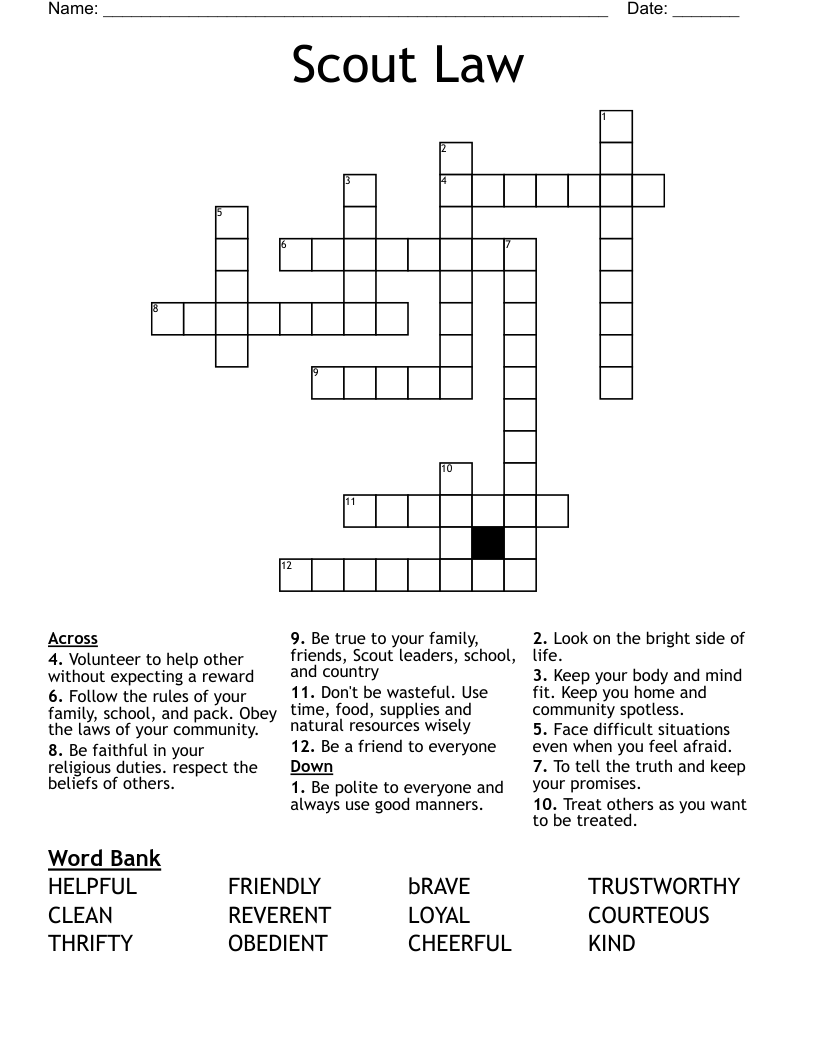 Scout Law Crossword WordMint