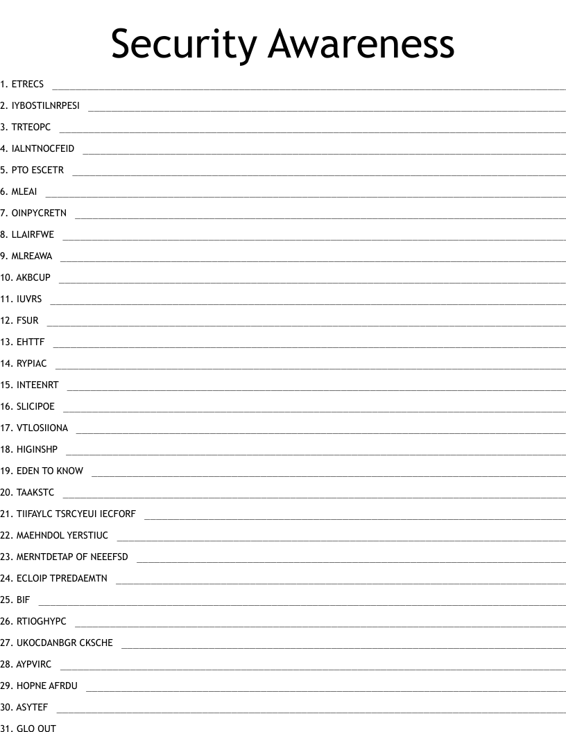 Security Awareness Word Scramble WordMint